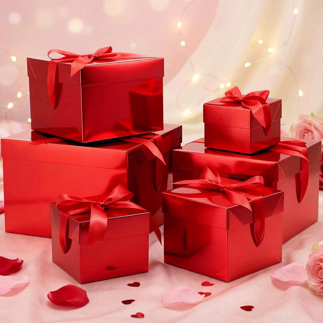 Cholemy 6 Pcs Nesting Gift Boxes with Lid Square Nesting Gift Boxes for Presents Packaging with Ribbon Easter Anniversaries Bridal Shower Birthday Wedding Party Favor(Red), 1 count