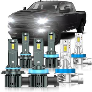 Fit for Dodge Ram 1500 2500 3500 2019-2025(without Projector Version) Light Bulbs, High/Low Beam Fog Light Bulbs Combo, 800% Brightness, 6000K Cool White, Plug and Play, Pack of 6