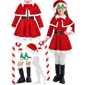 RUODON Kids Santa Costume, Christmas Girls Santa Dress Set with Hat Glasses Cape Belt Cane Socks Boot Covers (12-14 Years)