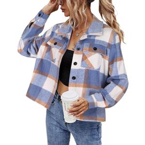 HOTOUCH Womens Flannels Fall Cropped Shacket Plaid Jacket Long Sleeve Button Down Coat 2026 Fall Fashion Trendy Outfits (Blue, XL)