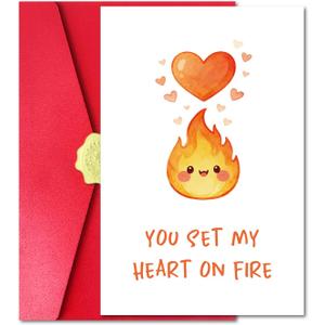 2 x Funny Valentines Day Card for Boyfriend Husband Him, Cute Valentines Day Card with Red Envelope and Sticker for Girlfriend Wife Her, You Set My Heart on Fire (EXP 08/11/26)