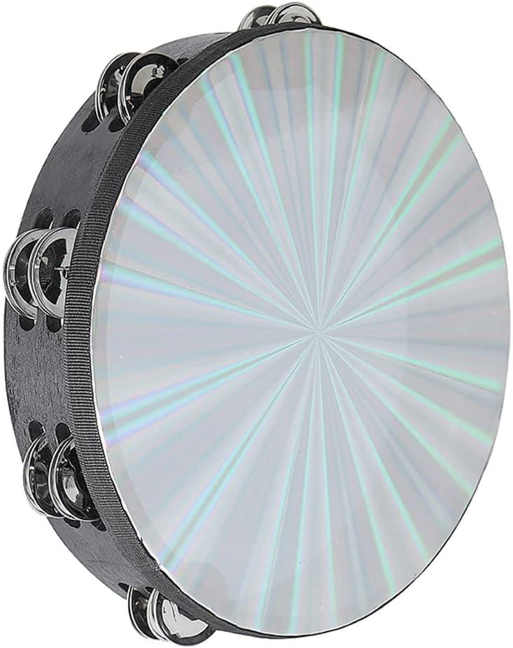 Musfunny Radiant Tambourine 10 inch for Adults 2-Row Jingles Bell Reflective Tambourines Hand Held Drum Musical Instrument for Kids Education KTV Party Church - 10 inch