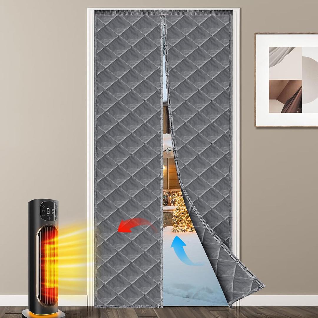 Magnetic Thermal Door Curtain, Insulated Door Curtain, Temporary Door, Door Cover, Durable Upgraded Oxford Cloth & Thicken Cotton Fill, Soundproof and Windproof (Gray, Fits Door Size 32" x 80")