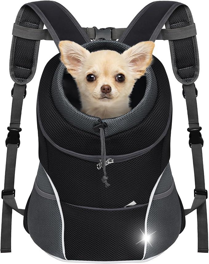  Dog Front Carrier Backpack, Adjustable Breathable Pet Carrier for Small Dogs Cats, Ventilated Puppy Back Pack with Safety Belt, Lightweight Doggy Backpack for Hiking Outdoor (Black, Large) 