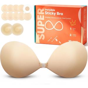 Strapless Sticky Bra for Women, Invisible Adhesive Backless Push Up Bra | Segmented Adhesive Design Provides Even Support With Lightweight, Breathable Seamless Fit for Gowns and Wedding Dresses, 34-38C/D, Beige