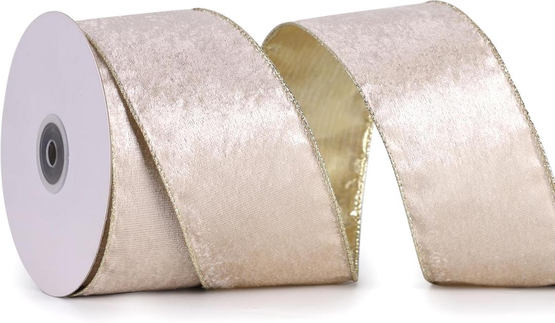 Champagne Velvet Ribbon Wired 2.5" x 10 Yards Gold Christmas Tree Ribbon Decor, Wreaths, Crafts, Home Decor, Gift Wrapping, Garlands