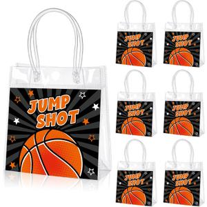 24 Pcs Basketball Clear Goodie Bag with Handles PVC Sport Theme Candy Treat Bags Bulk for Sports Team Gifts Birthday Party Favors, 8 x 8 x 3.15 Inches