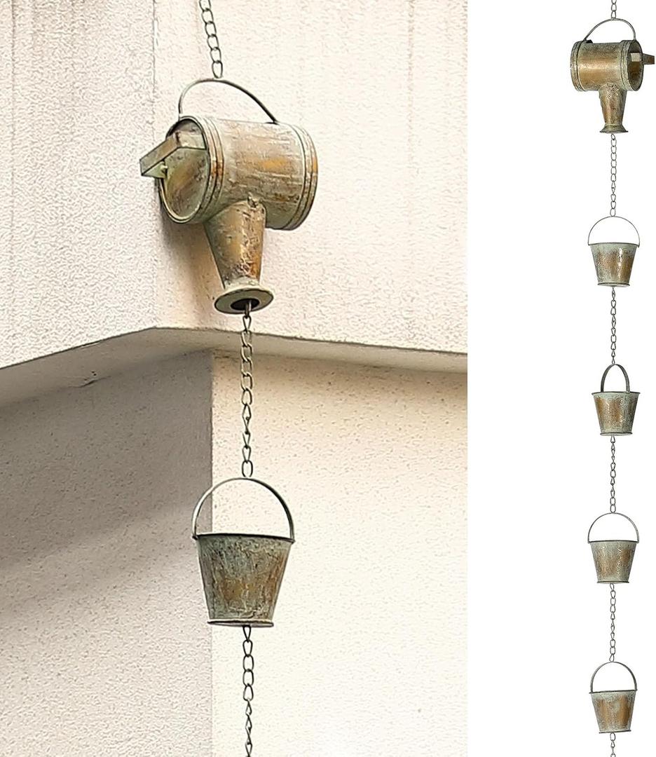 Jemeni 8.5Ft Length Iron Watering Can & Buckers Rain Chain, Replacement Downspout for Gutters Outside Jemeni 8.5Ft Length Iron Watering Can & Buckers Rain Chain, Replacement Downspout for Gutters Outside