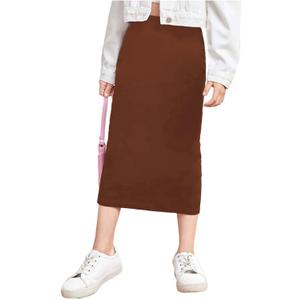 Milumia Girl's Casual High Waist Long Pencil Skirt Comfy Plain Straight Skirts (Brown, 8 Yrs Old)