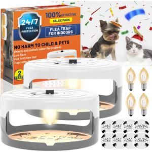2 Pack Flea Traps for Inside Your Home, Indoor Flea Light, Bed Bug Killer with 8 Sticky Pads & 4 Light Bulb, Odorless Natural Insect Infestation Treatment Trap for Kid Pet (White Grey)