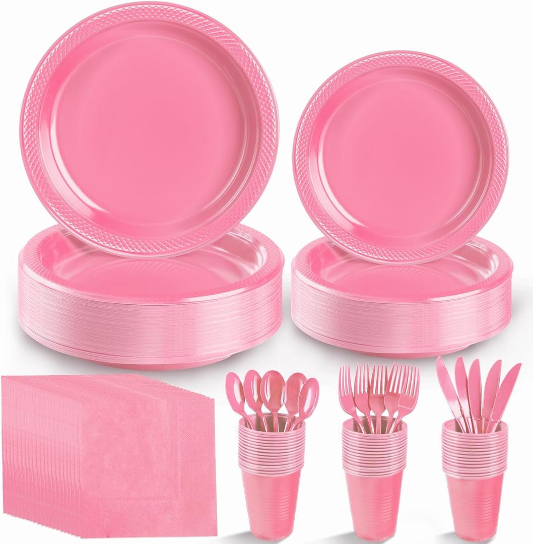 Pink Plastic Plates, 25 Guest Pink Party Supplies Set, Pink Disposable Dinnerware Set, Including Plastic Plates, 12 oz Cups, plastic Cutlery and Paper Napkins for Party Wedding Birthday