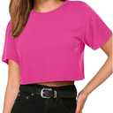 Womens Summer Crop Tops Short Sleeve Round Neck T-Shirts Loose Fit Casual Blouse 2026, Pink Large