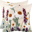 Embroidered Throw Pillow Covers 18x18 Inch - Set of 2 Summer Decorative Pillow Covers with Zipper Aesthetic Cute Design Throw Pillowcases for Couch Sofa Bed, Wild Floral