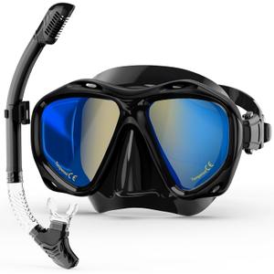 Snorkeling Gear for Adults, Snorkel Mask With Mirrored Tempered Glass Lens 180 Wide View Anti-Fog Scuba Diving Mask, Professional Snorkel Set for Swimming Diving, Gifts for Women Mom Men Dad