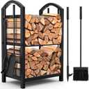 AMAGABELI GARDEN & HOME Firewood Rack with Tools 5-Piece Indoor Fireplace Wood Holders Outdoor Log Holder Rack Lumber Storage Stacking Stove Wrought Iron Large Logs Fireplace Tools Set Black