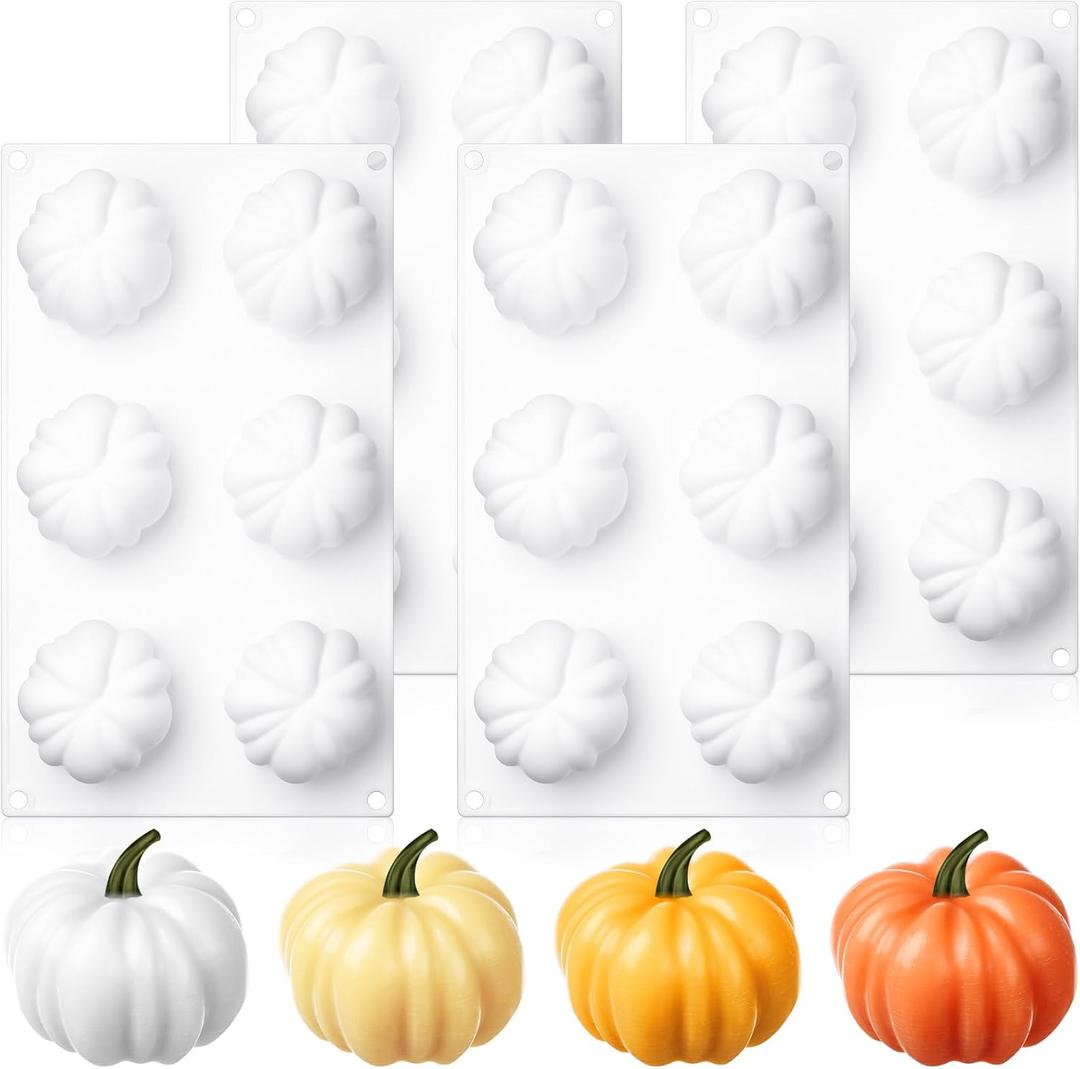 4 Pcs Pumpkin Silicone Molds for Candles 3D Pumpkin Cake Pop Baking Dessert Mousse Mold Tray 6 Cavity Silicone Candle Molds for Baking Jelly Chocolate Soap Resin Crafts(White)