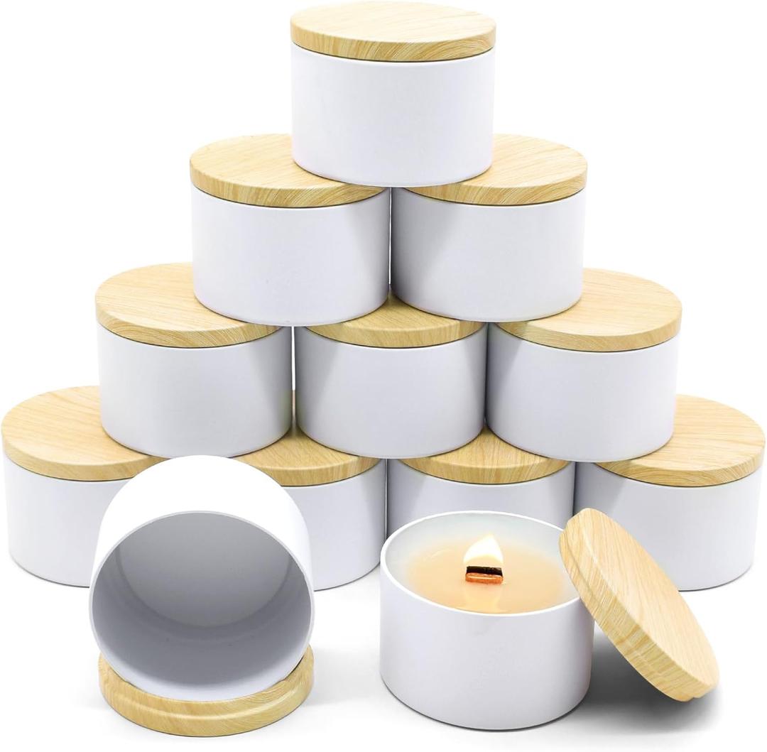 10oz Candle Jars, 12-Pack White Candle Tins with Metal Wood-Grain Printing Lids, Empty Candle Jars for Making Candles, Bulk 10 oz Candle Containers- White