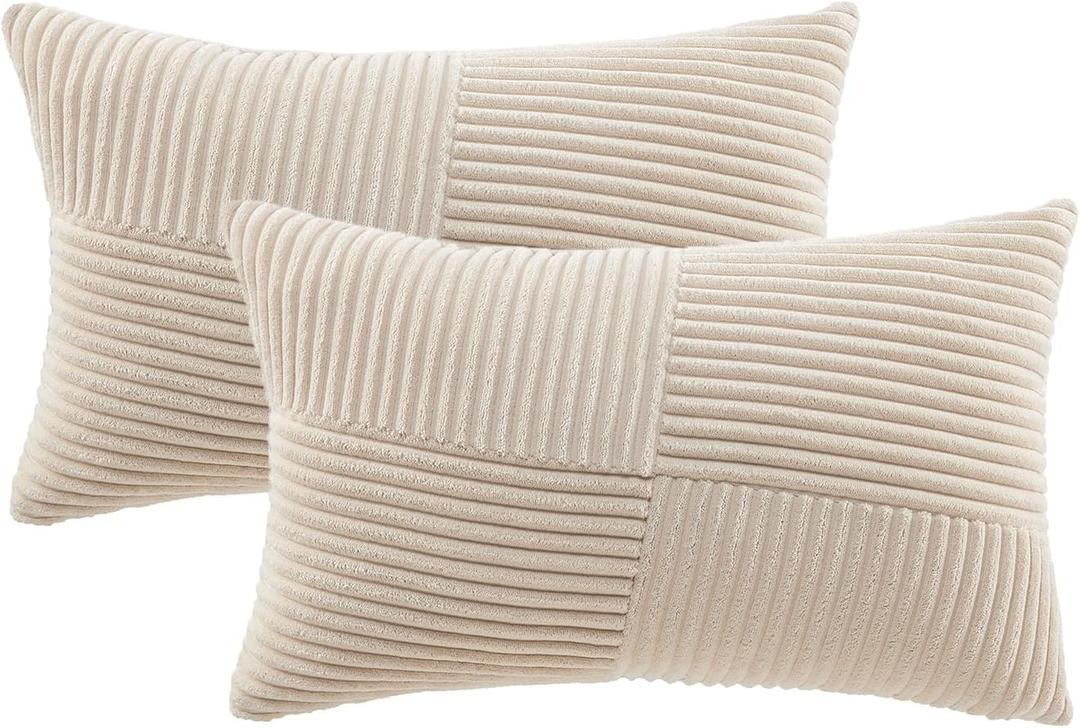 Fancy Homi Set of 2 Tan Boho Lumbar Rectangle Decorative Throw Pillow Covers 12x20 Inch with Diagonally Pattern for Couch Bed Sofa, Soft Corduroy Accent Modern Farmhouse Home Decorations 30x50 cm