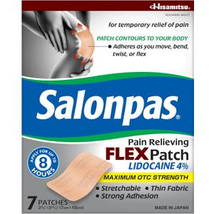 Salonpas Maximum OTC Strength Lidocaine 4% Pain Relieving Flex Patch, Apply for Up to 8 Hours, Unscented, Thin, Flexible, Lightweight, Patch Stays in Place, 7 Patches