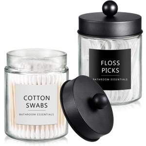 SheeChung Qtip Dispenser Holder 2pcs, Glass apothecary jars with Stainless Steel Lids &Stickers, Countertop Canister Guest Bathroom Storage Organizer Set for Cotton Swabs/Balls, Floss Picks(Black)