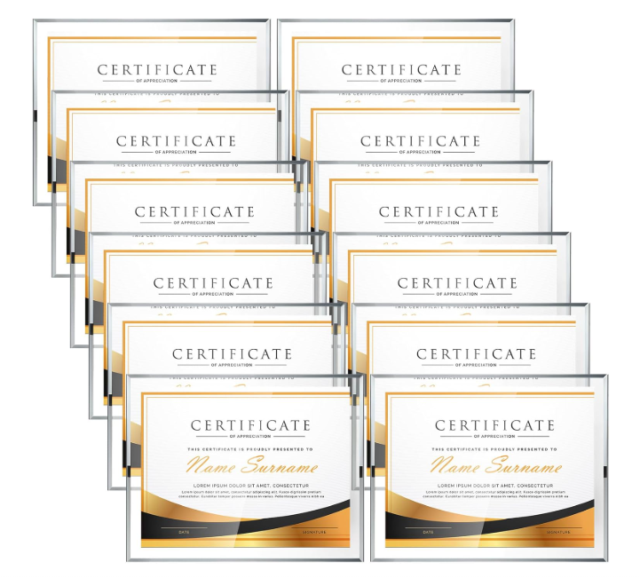 Wesiti 12 Pcs Glass Certificate Frames 8.5 x 11 Clear Picture Frames Bulk for Document Diploma Photo Award Tabletop Display