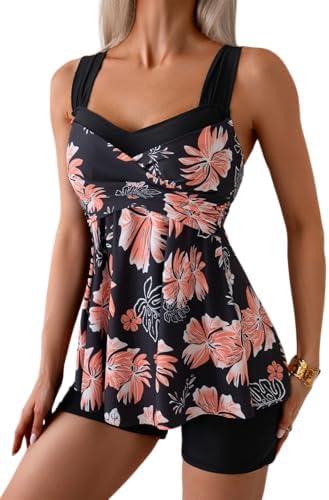 B2prity Tankini Swimsuits for Women Tummy Control Two Piece Modest Bathing Suits Floral Skirt Top with Boyshorts Size L