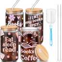 4 Pcs Book Lover Glass Cups with Lid and Straw Christmas Gifts for Bookish 16 oz Drinking Glasses Iced Coffee Cups Can Shape Mug Tumbler for Christmas Women Men Birthday Party Favor Gift