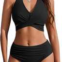 AI'MAGE Womens High Waisted Bikini Sets Tummy Control Bathing Suits Halter Two Piece Swimsuit Modest Bikini 2025 (Medium, Black)