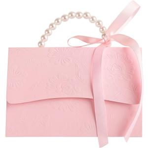 motoeye 10Pcs Pink Pearl Paper Gift Boxes for Wedding Favors, Elegant Bridesmaid and Party Favor Boxes with Ribbon, Ideal for Bridal Shower, Baby Shower, and Special Occasions (Pink, L)