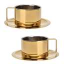 Beufee 2Pcs Espresso Cups and Saucers Set, Coffee Cup and Saucer Set Gold Coffee Mug Stainless Steel Demitasse Cups Exquisite Luxury Small Coffee Containers for Latte Cappuccino Tea, 200ML