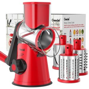 Geedel Rotary Cheese Grater, Kitchen Mandoline Vegetable Slicer with 3 Interchangeable Blades, Easy to Clean Grater for Fruit, Vegetables, Nuts (Red)