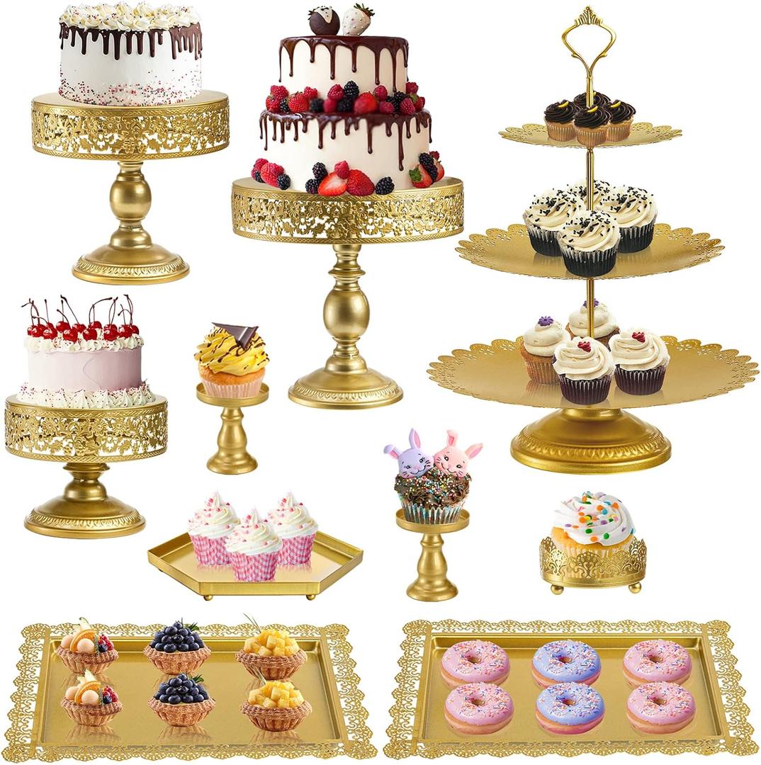 Jucoan 10 Pieces Gold Metal Cake Stand Set, Cupcake Holder Pastry Candy Fruits Serving Plate, Gold Dessert Table Stands and Trays Set for Wedding Birthday Baby Shower Bridal Christmas New Year Party