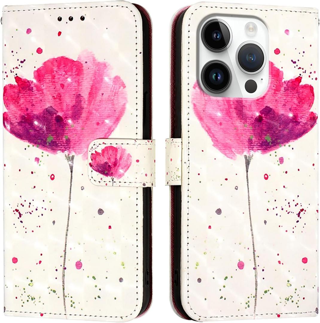Case for iPhone 16 Pro, 3D Wallet Case PU Leather with[Card Holder][Kickstand][Wrist Strap][Magnetic Closure] Shockproof Flip Cover for iPhone 16 Pro Pink Flower YB-3D