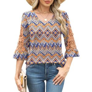 3/4 Length Sleeve Womens Tops 2025 Blouses for Women Dressy Casual Fashion Clothing V Neck Babydoll Tops Fall Outfits, L