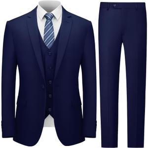 Cooper & Nelson Men's Suit Slim Fit, 3 Piece Suits for Men, One Button Solid Jacket Vest Pants with Tie, Tuxedo Set (XX-Large, Navy)