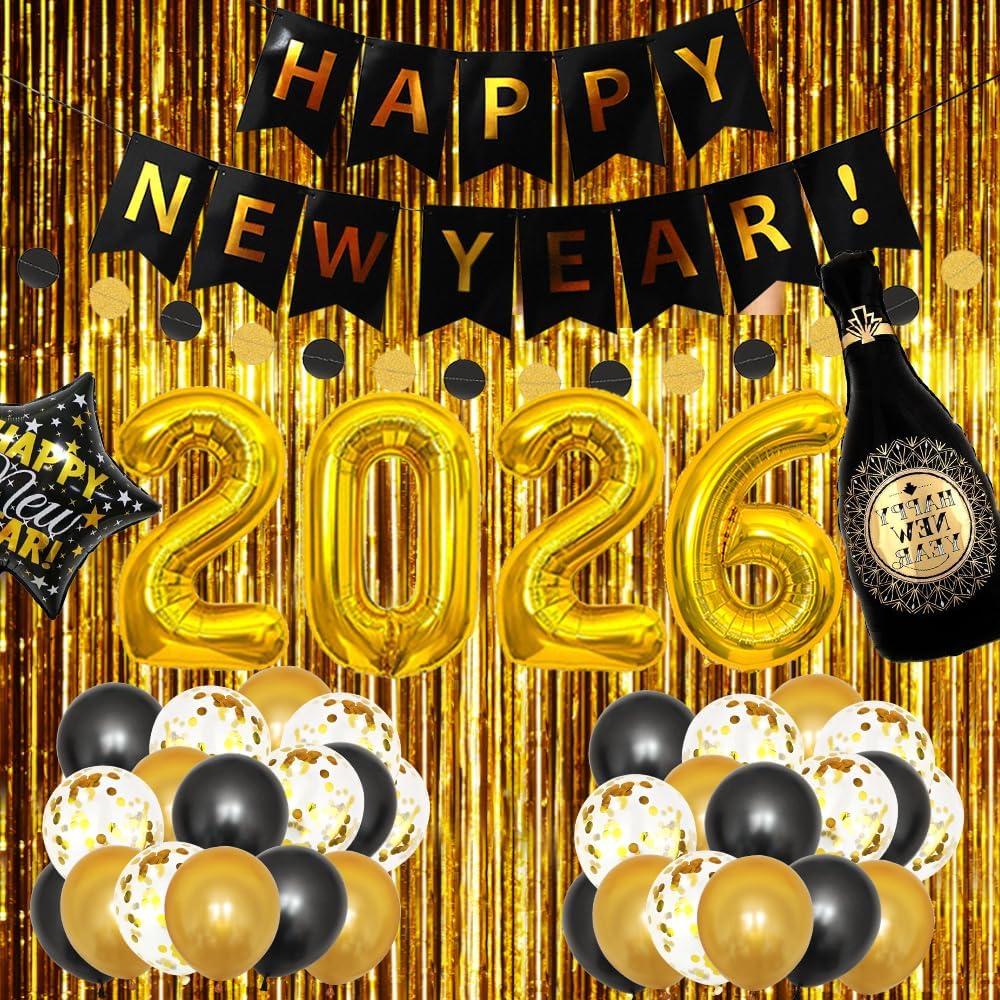 2026 New Years Eve Party Supplies Kit – New Year Decorations Includes Foil Curtains, "Happy New Year" Banners, Foil Balloons, Wine Glass Balloon & Latex Balloons – Perfect for NYE Decor Black Gold
