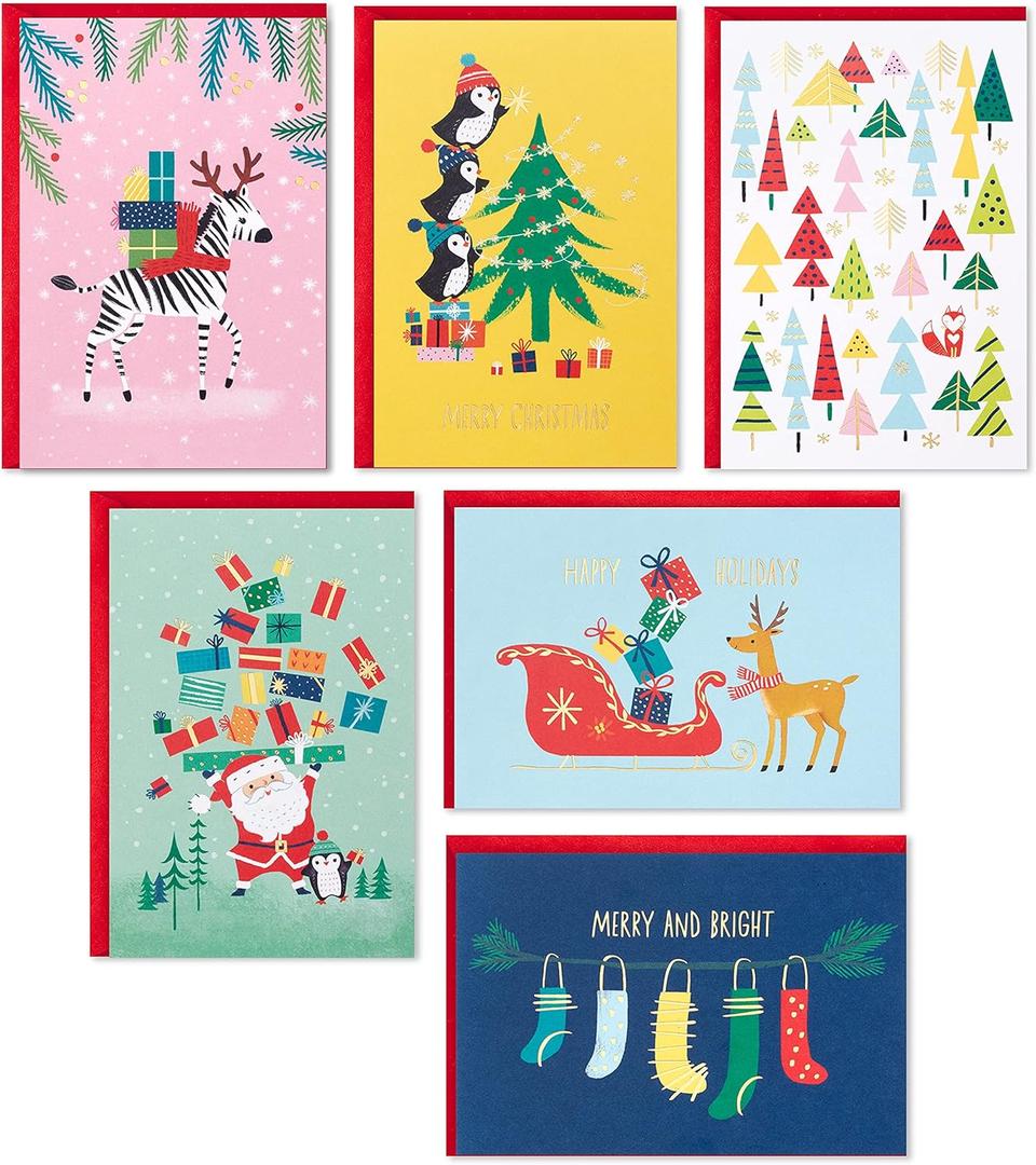 Hallmark Boxed Christmas Cards Assortment, Colorful Vintage (6 Designs, 24 Cards with Envelopes)