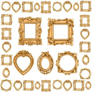 Vicenpal 50 Pcs Vintage Mini Picture Frames Baroque Antique Small Resin Jewelry Display Table Frame for Christmas DIY Photo Holiday Party Decoration (Gold)