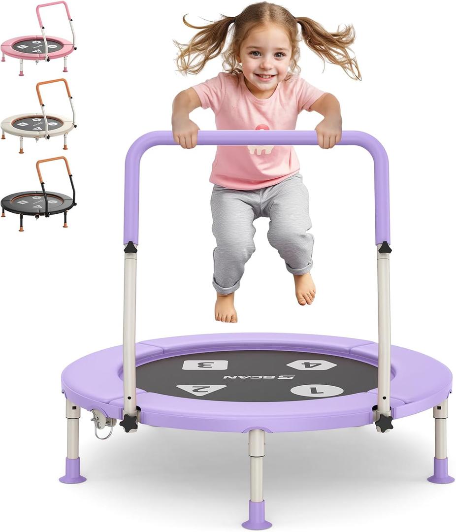 BCAN 36'' Toddler Trampoline, ASTM Certified-Foldable Mini Trampolines for Kids Ages 1-6, Adjustable Handle, Safety Pad & Foldable Legs, Baby Trampoline Indoor/Garden, Gift for Boy and Girl (Purple-Classic)