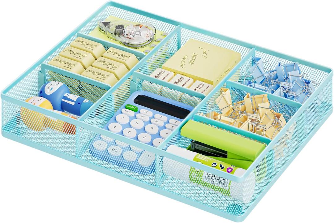Marbrasse Desk Drawer Organizer, Metal Mesh Drawer Organizer Tray with 5 Adjustable Compartments, Desk Organizers and Accessories for Home, Office, Kitchen, Makeup, Vanity (Blue)