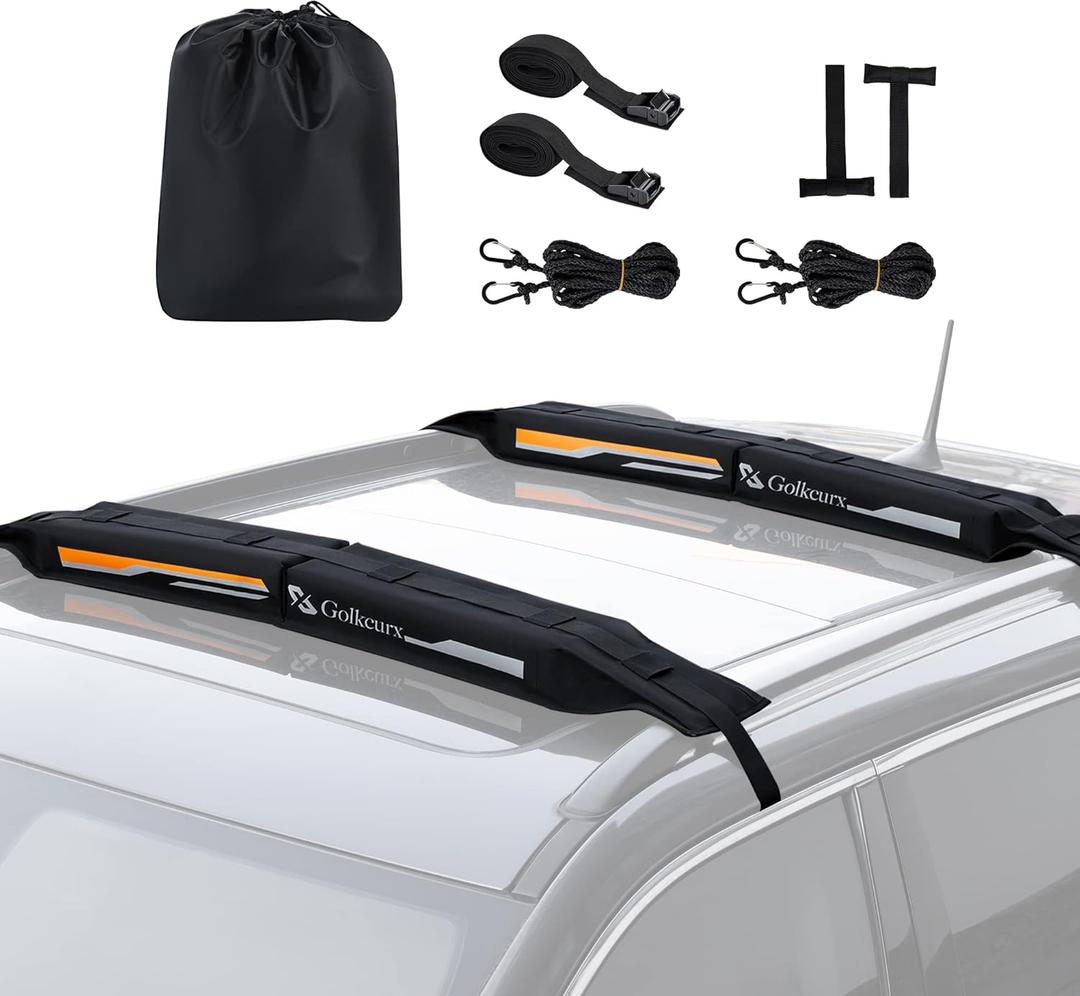 Golkcurx Universal Soft Roof Rack Pads for Kayak,Surfboard, SUP, Canoe, Snowboard with15FT Tie-Down Straps*2 and Storage Bag*1, Black