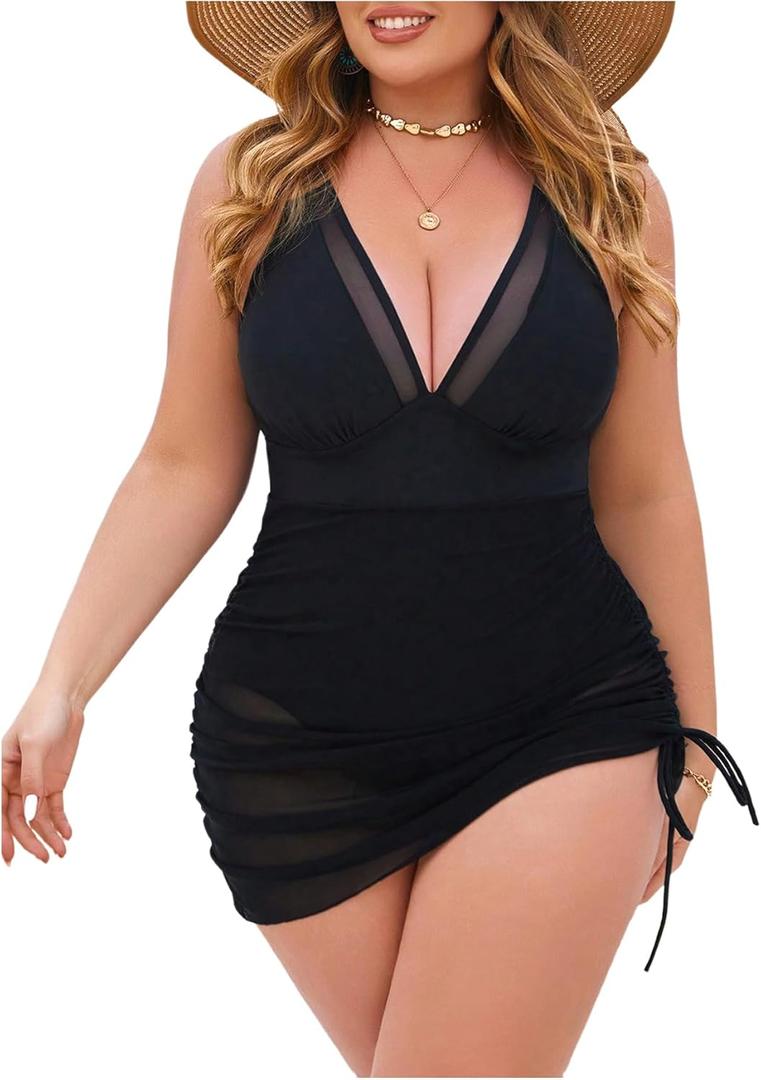 Verdusa Women's Plus Size Ruched Drawstring One Piece Swimsuit Deep V Neck Bathing Suit (XX-Large Plus, Black)