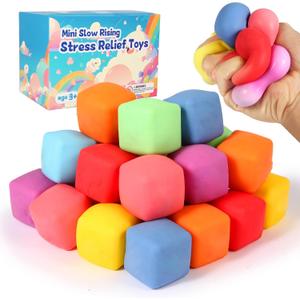 24 Pack Slow Rising Stress Cube , Dough Stress Balls Soft Fidget Squishy Toys for Anxiety Relief, Pull Stretch Classroom Prize Party Favors Toys for Kids, Small