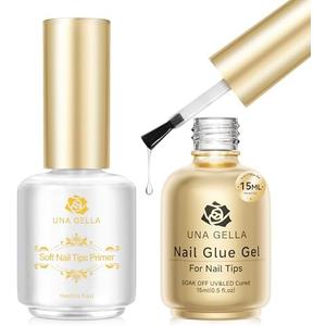 UNA GELLA Gel Nail Glue & Tips Primer Set – 15ml Long Lasting Strong Brush 6 IN 1 Nail Glue for Clear Nails Tips, Buff Finish With Primer, UV Lamp Curing Needed, DIY Salon at Home