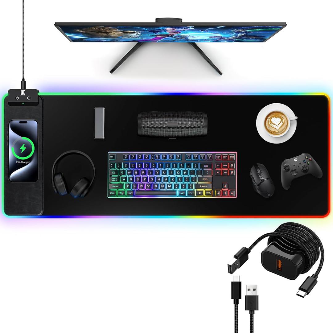 RGB Gaming Mouse Pad with Fast Wireless Charger, LED Extended Desk Mat, Home Office Large Desk Pad with Ultra-Smooth Surface, Non-Slip Base, Waterproof Keyboard Pad (Black) (31.5x11.81"-Black w/PD Charger)