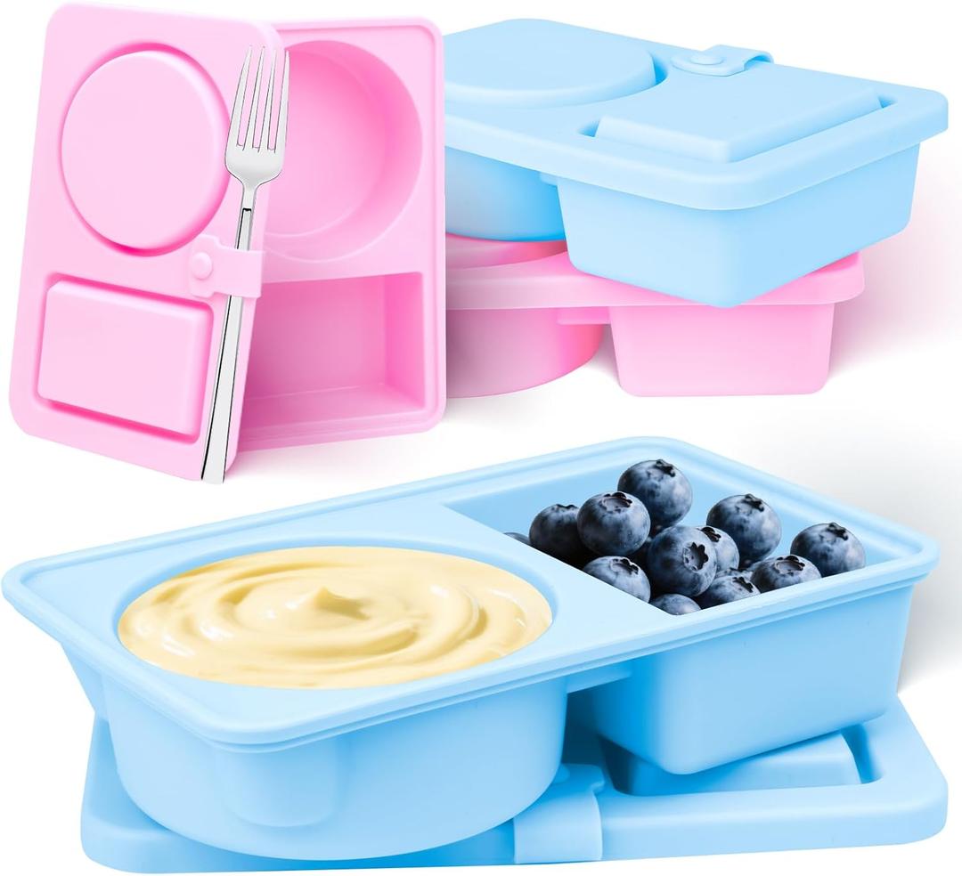 Reusable Silicone Snack Boxes with Lids Double-Layer Design Suitable for Storing Lunch Fruit and Snacks Also Suitable Compact Mini Snack Boxes (2Blue and 2Pink)