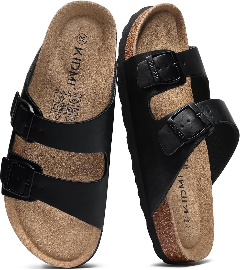KIDMI Unisex Summer Sandals Arch Support Cork Footbed Slide Sandals with Double Adjustable Buckle for Women Men, Black Oily 41