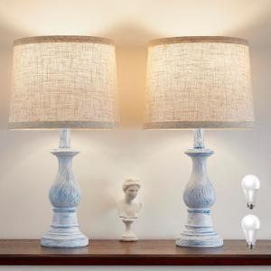 Vintage Table Lamp for Living Room Bedroom, 18.5" Farmhouse Bedside Lamps Nightstand Lamp Set of 2, Table Lamps with Oatmeal Linen Lamp Shades, 2 LED Bulbs Included, Washed Blue