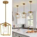 3 Pack Gold Pendant Lights, Modern Farmhouse Kitchen Pendant Lighting Over Island, Metal Cage Hanging Lights with Clear Glass Shade for Kitchen Island, Dining Room, Entryway, Hallway