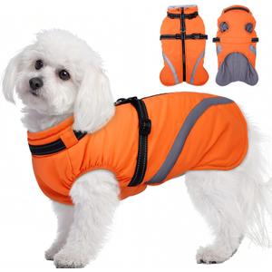 BRKURLEG Dog Winter Jackets for Small Dogs, Dog Coat with Harness Built in, Dogs Snowsuits with Zipper, Waterproof Windproof Pet Puffer Jacket Fleece Vest for Shih Tzu, Maltese, Orange S